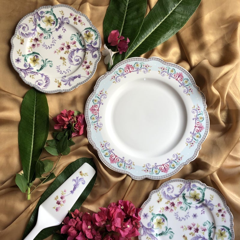 Vigneto Purple Flower Snack Set (1 Serving Plate, 6 Quarter Plates, 1 Server) | Finest Premium Porcelain | Handcrafted Multipurpose Luxury Floral Tableware | Lightweight & Durable - Image 5