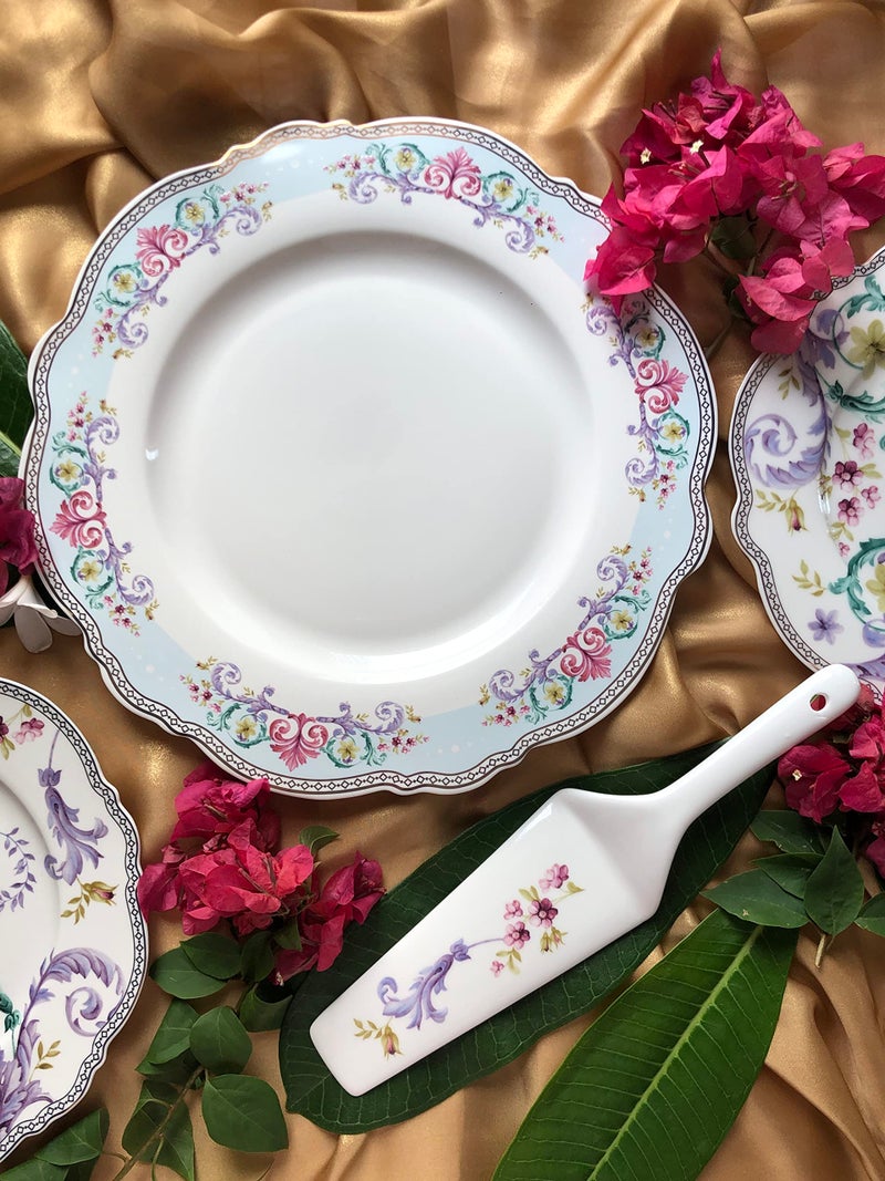 Vigneto Purple Flower Snack Set (1 Serving Plate, 6 Quarter Plates, 1 Server) | Finest Premium Porcelain | Handcrafted Multipurpose Luxury Floral Tableware | Lightweight & Durable - Image 3