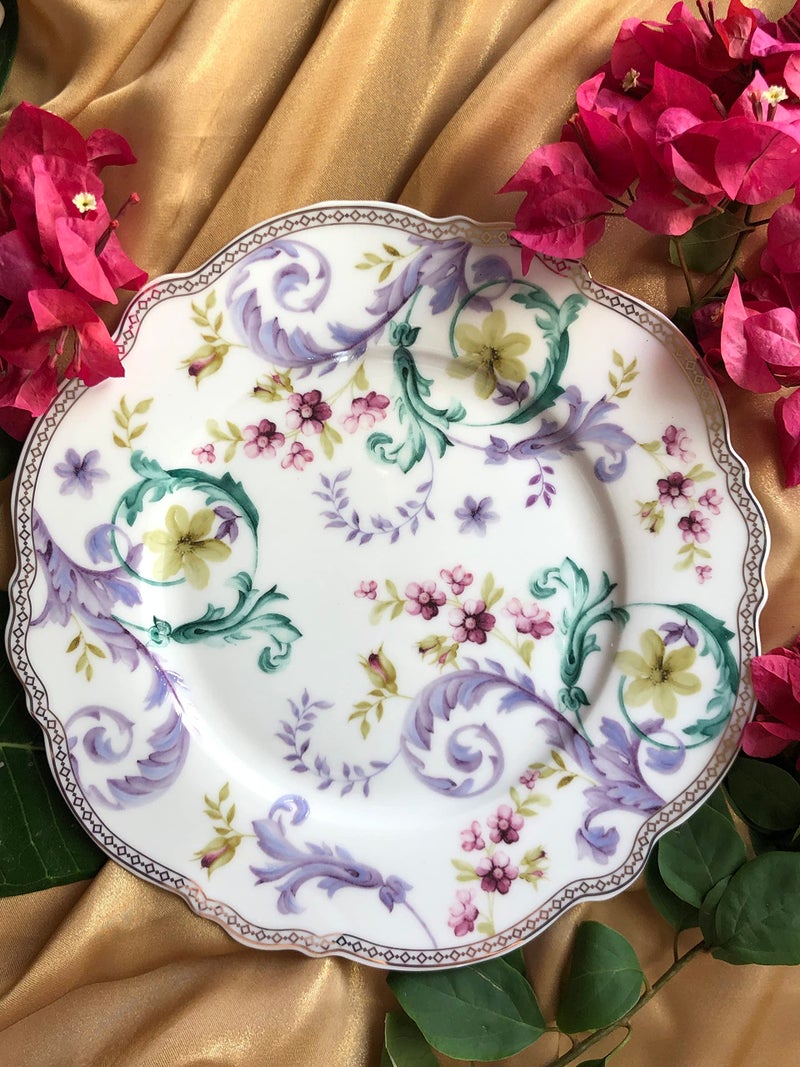 Vigneto Purple Flower Snack Set (1 Serving Plate, 6 Quarter Plates, 1 Server) | Finest Premium Porcelain | Handcrafted Multipurpose Luxury Floral Tableware | Lightweight & Durable - Image 2