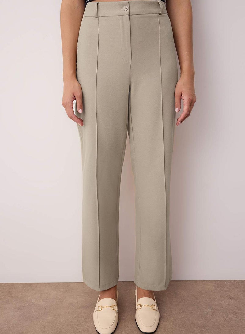 trendyol Light Brown Straight Fit High Waist Ribbed Stitch Woven Pants - Image 5