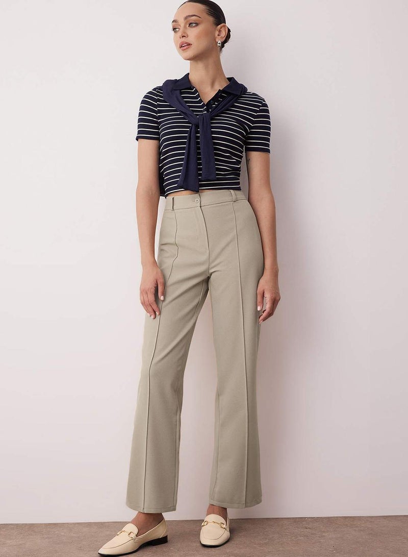 trendyol Light Brown Straight Fit High Waist Ribbed Stitch Woven Pants - Image 4