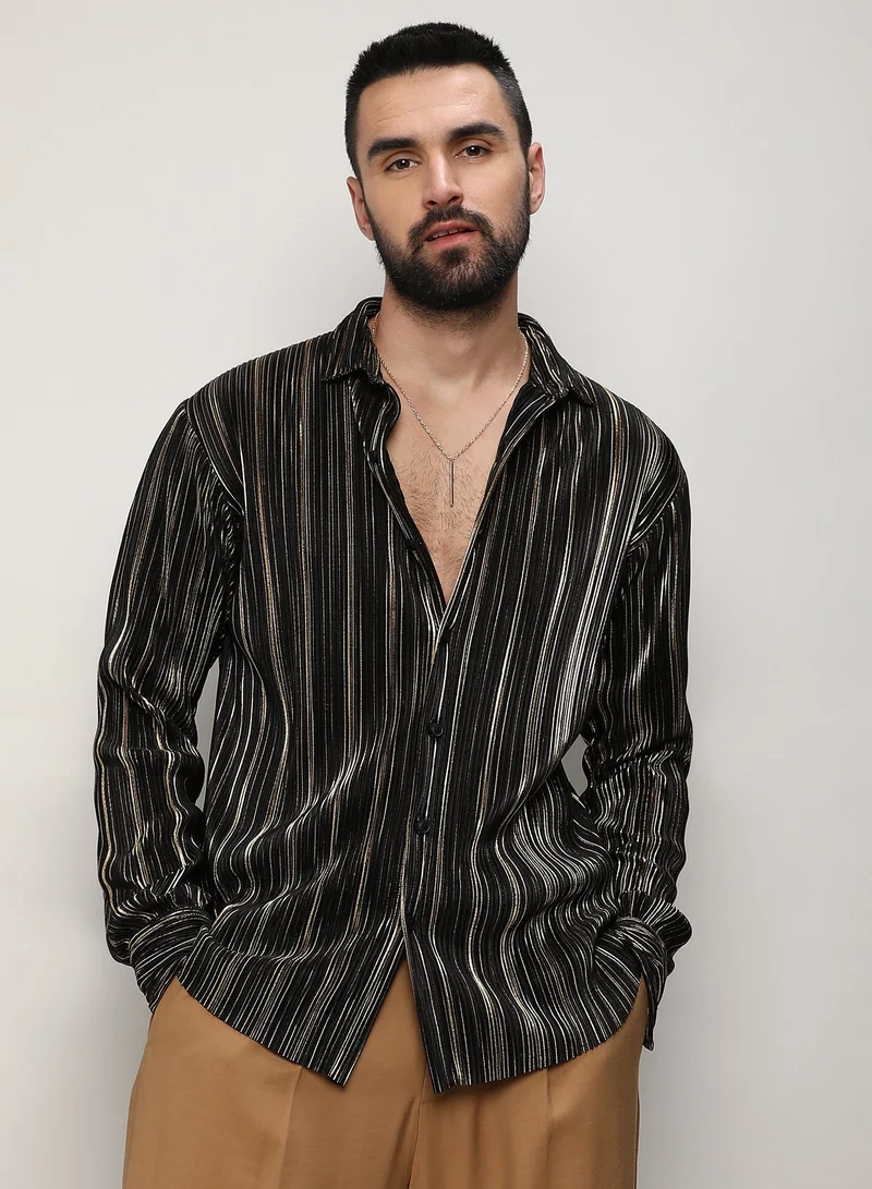 Men's Jet Black & Metallic Gold Pleat-Creased Shirt For Casual Wear | Spread Collar | Long Sleeve | Button Closure | Shirt Crafted With Comfort Fit For Everyday Wear