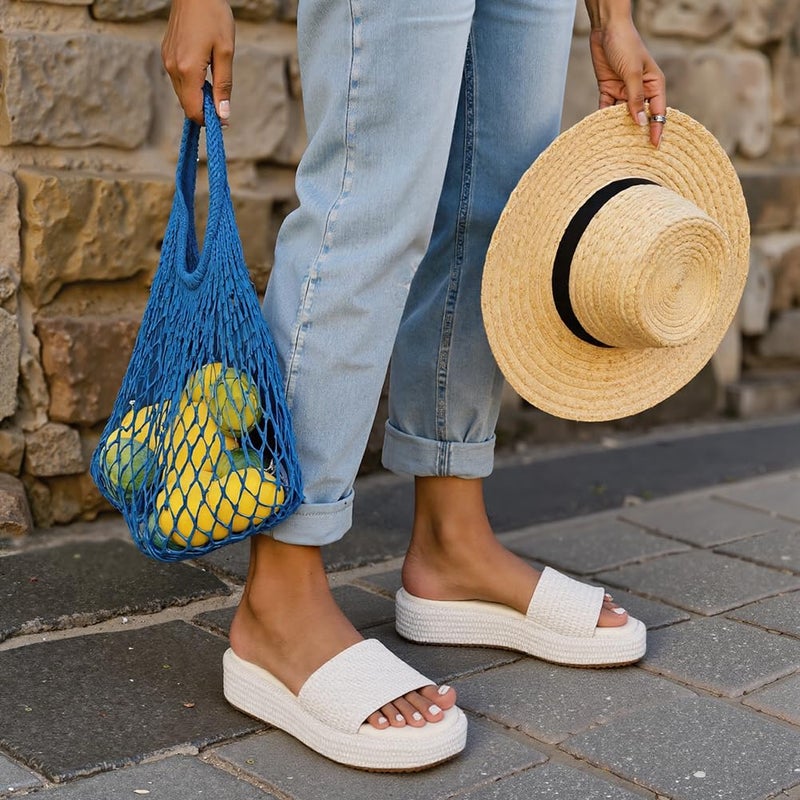 EQAUDES Platform Sandals Women Summer Wedge Espadrilles Comfortable White Beach Raffia Sandal Cute Straw Woven Vacation Sandals Dressy - Image 2