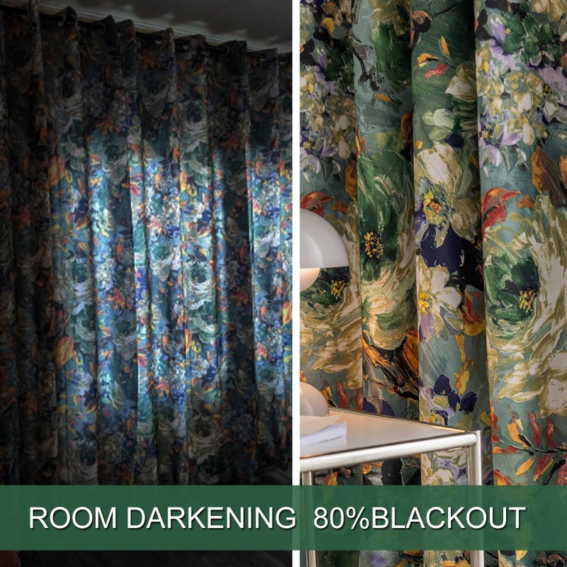 SUOUO Dark Green Vintage Floral Blackout Curtains for Bedroom 84 inches Long Rod Pocket Window Drapes for Living Room 2 Panels - Image 4