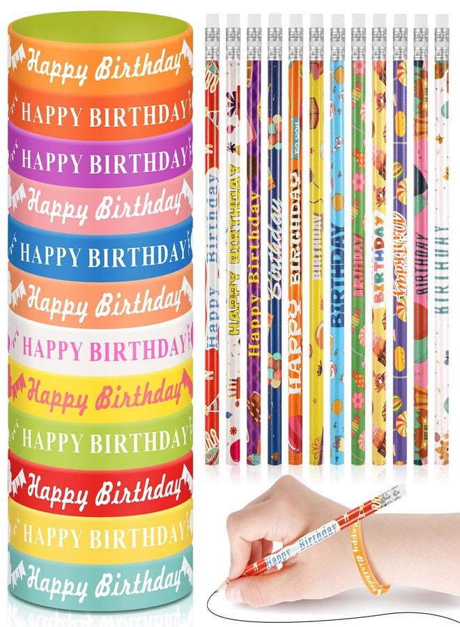 Sabary 48 Pcs Happy Birthday Pencils Rubber Bracelets Set Birthday Party Favors Pencils Silicone Wristbands Bracelet for Kids Students Teachers Classroom Reward Gifts(Cute Style) - Image 1