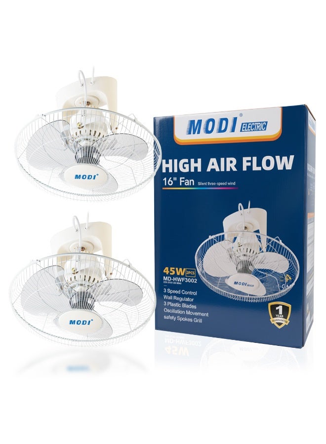 مودي مروحة طاولة قابلة للتركيب على الحائط، مقاس 16 بوصة، مزودة بثلاث سرعات، مع اهتزاز وشبكة أمان، وتشغيل هادئ بقوة 45 وات، مناسبة لغرف النوم والمكتب ودوران الهواء في المنزل - Image 1