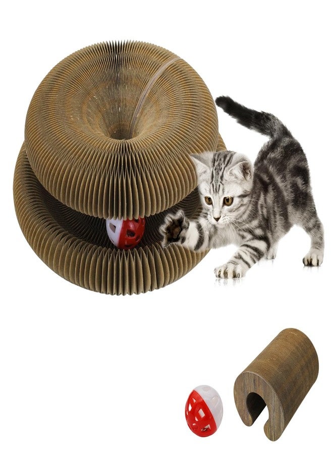 Andiker Magic Organ Cat Scratching Board, Corrugated Paper Cat Scratcher with Jingly Ball for Playing Scratching Paws, Foldable Grinding Cat Toys for Indoor Cats for Mental & Physical Exercise(Wood) - Image 1