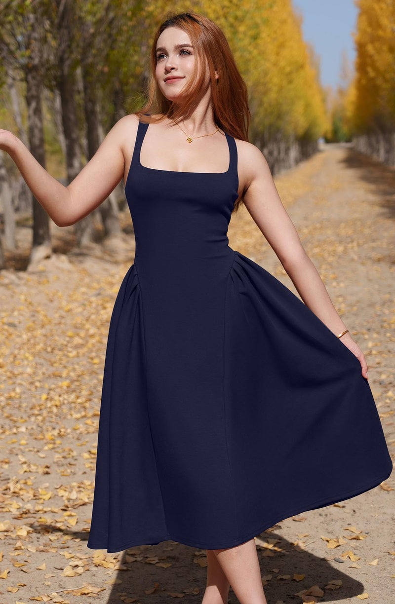 Memoriesea Women's Elegant Square Neck Swing A Line Wedding Evening Party Midi Dress Navyblue - Image 2