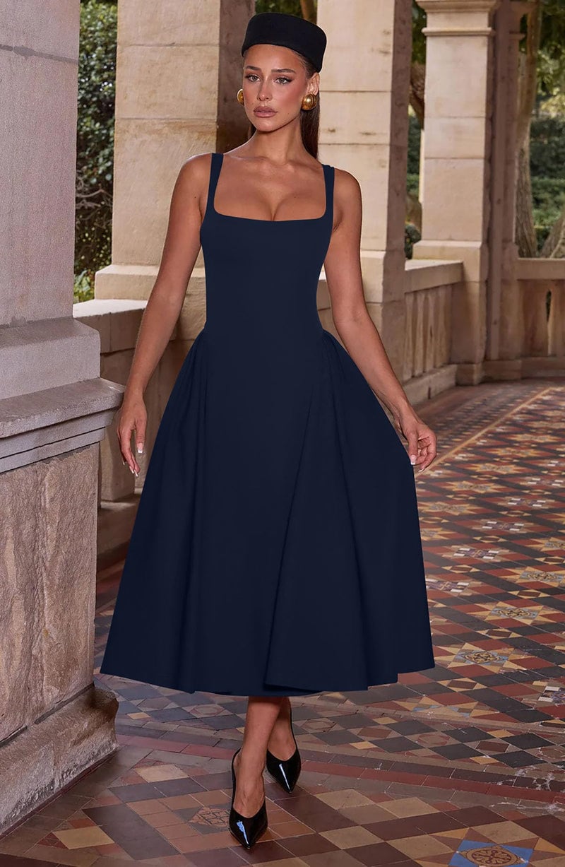 Memoriesea Women's Elegant Square Neck Swing A Line Wedding Evening Party Midi Dress Navyblue - Image 5