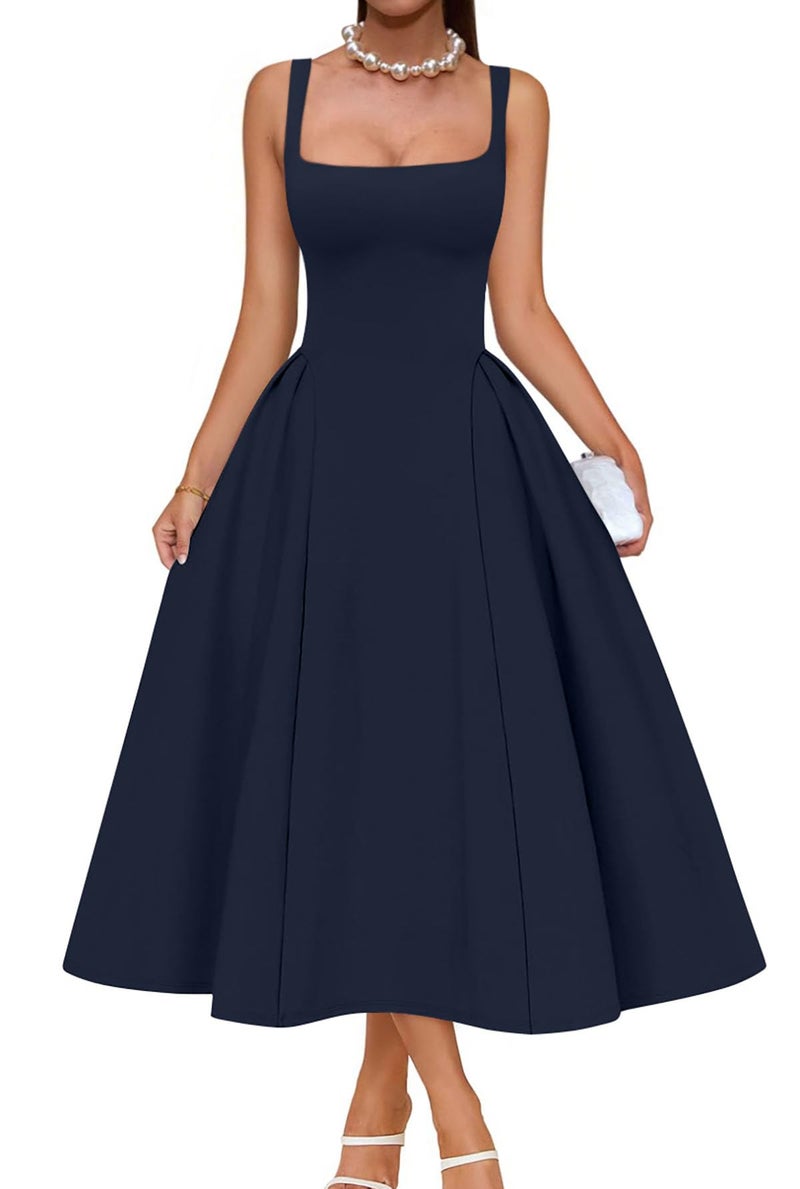 Memoriesea Women's Elegant Square Neck Swing A Line Wedding Evening Party Midi Dress Navyblue - Image 1