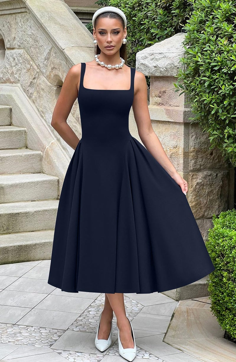 Memoriesea Women's Elegant Square Neck Swing A Line Wedding Evening Party Midi Dress Navyblue - Image 4