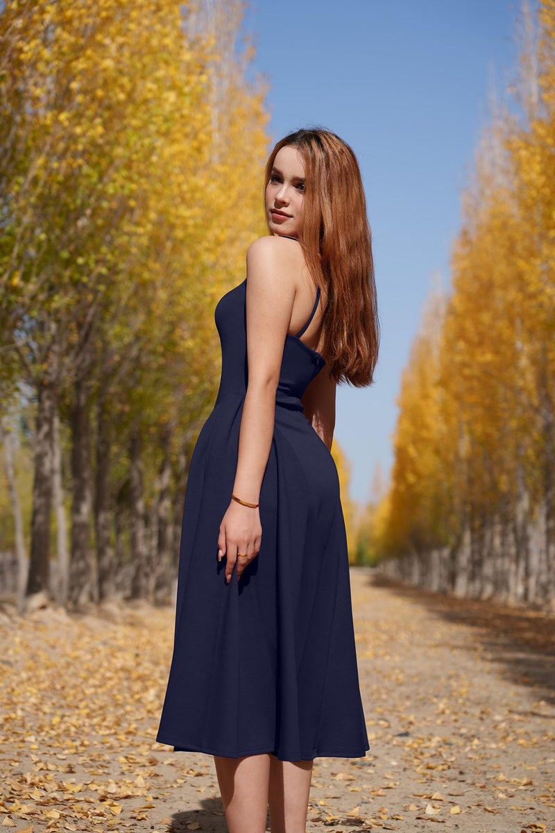 Memoriesea Women's Elegant Square Neck Swing A Line Wedding Evening Party Midi Dress Navyblue - Image 3