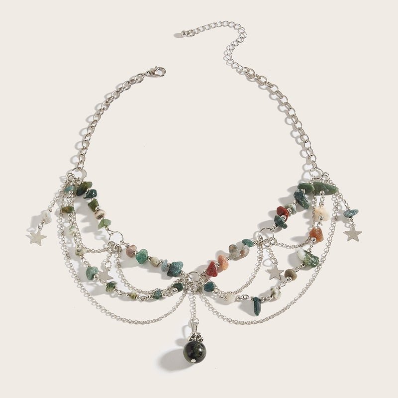 European and American Cross-border Niche Design Sweet Cool Natural Stone Beaded Five-pointed Star Tassel Agate Pendant Necklace Chain A2-7 (indian agate)