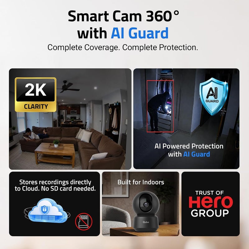 Qubo Smart Home Security WiFi Camera (Black) by Hero Group| Weather Resistant | Intruder Alarm System | 1080p Full HD 2MP Camera | Works with Alexa & Google - Image 2