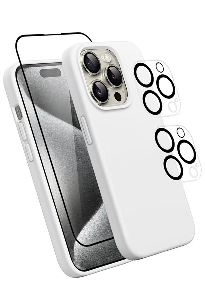 CATANES 4 Packs For iPhone 15 Pro Max Case Screen Protector and 2 Camera Lens Protectors Upgrade Defender Silicone Cover ShockProof Anti-Scratch Protective Phone Case White