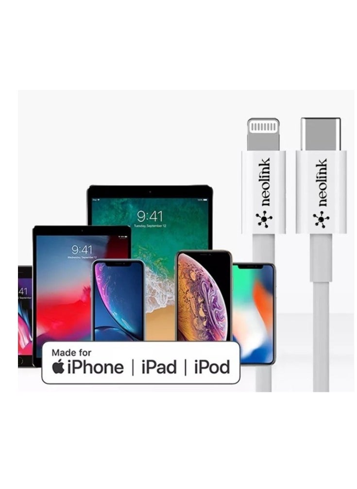 neolink - NEOLINK Type C to Lightning 20W 3A High Speed Data Transfer 480Mbps Cable CE Certified Fast Charging Cords Compatible with iPhones/Airpods/Car Chargers - White - Image 1