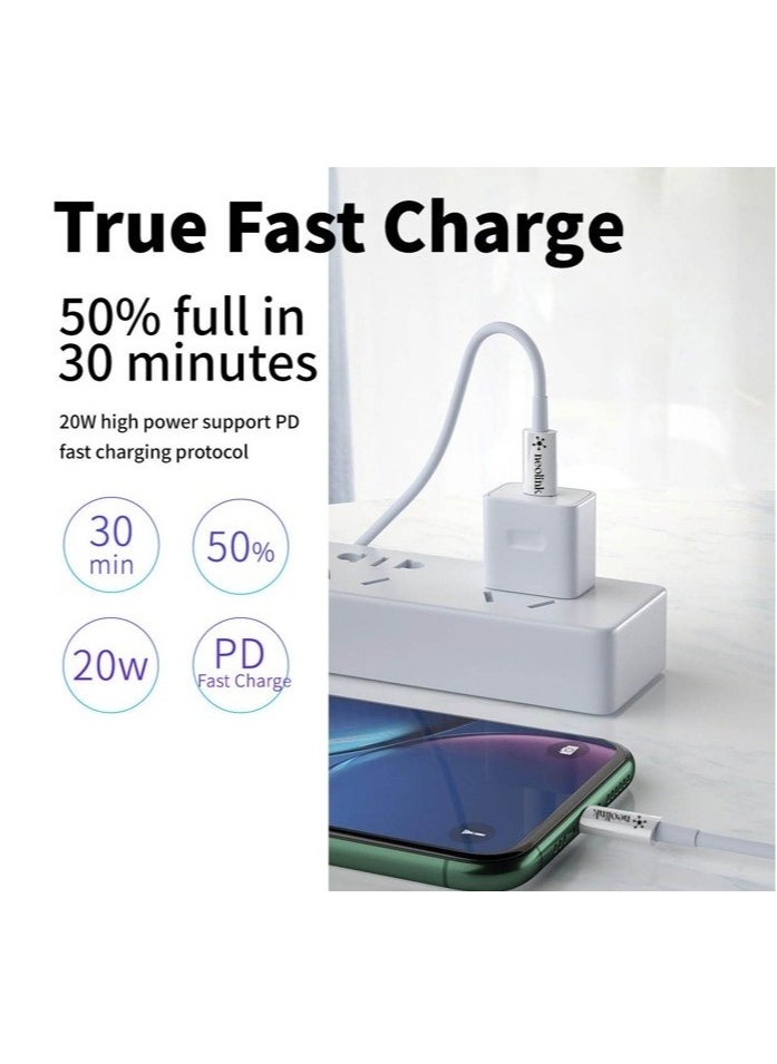 neolink - NEOLINK Type C to Lightning 20W 3A High Speed Data Transfer 480Mbps Cable CE Certified Fast Charging Cords Compatible with iPhones/Airpods/Car Chargers - White - Image 1