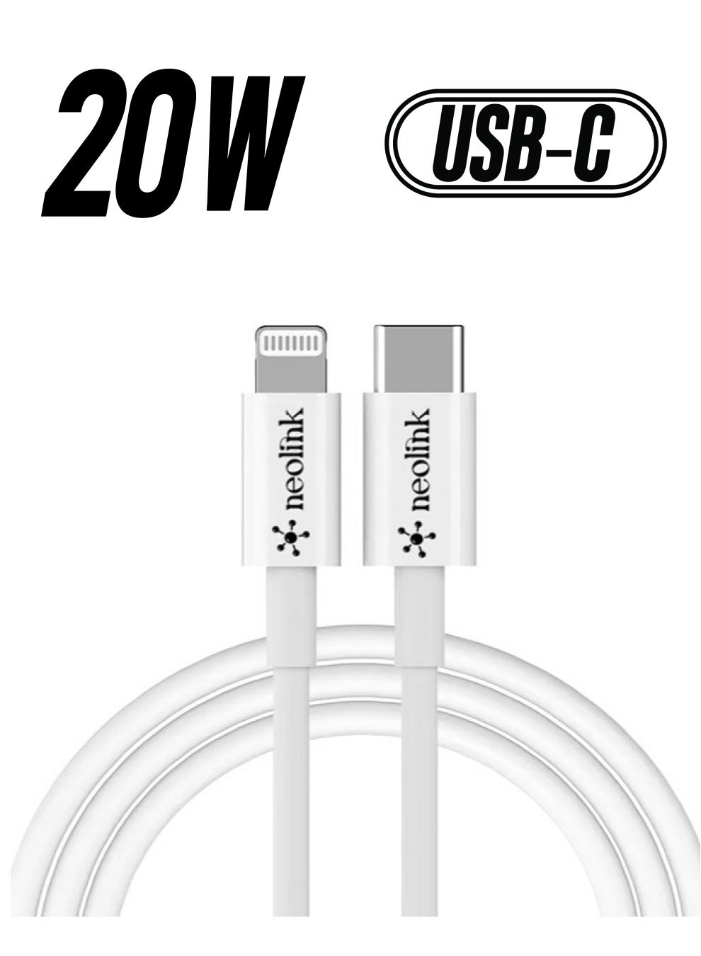 NEOLINK Type C to Lightning 20W 3A High Speed Data Transfer 480Mbps Cable CE Certified Fast Charging Cords Compatible with iPhones/Airpods/Car Chargers - White