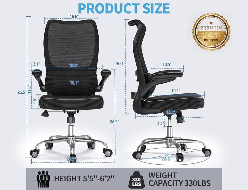 Ergonomic Office Chair - Desk Chair with Wave High Back Adjustable Lumbar Support Computer Chair - Gaming Chairs Mesh Backrest and PU Leather Seat for Home Reading Chairs to Adults(Black) - Image 2