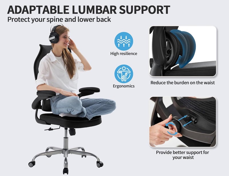Ergonomic Office Chair - Desk Chair with Wave High Back Adjustable Lumbar Support Computer Chair - Gaming Chairs Mesh Backrest and PU Leather Seat for Home Reading Chairs to Adults(Black) - Image 3