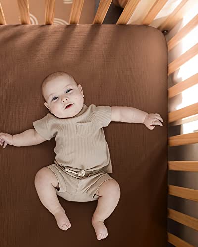 Blissful Diary Muslin Mini Crib Sheets, Pack and Play Mattress Sheets Fitted for Pack N Play, Soft Cotton for Boys Girls, 2 Pack(Sunshine&Brown) - Image 3