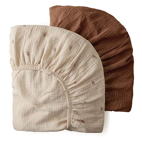 Blissful Diary Muslin Mini Crib Sheets, Pack and Play Mattress Sheets Fitted for Pack N Play, Soft Cotton for Boys Girls, 2 Pack(Sunshine&Brown) - Image 1