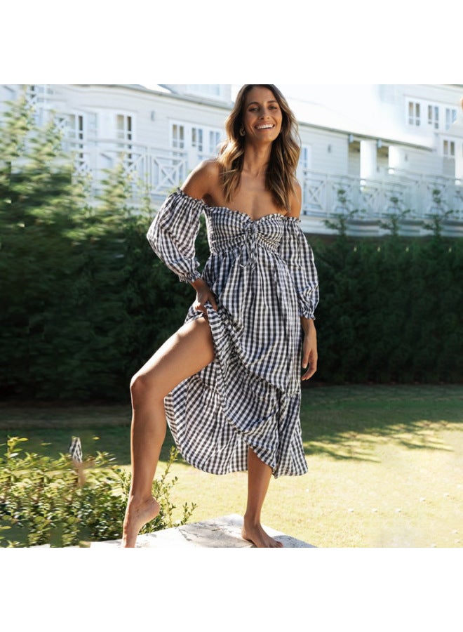 Exclusive Fashion Print Off-shoulder Front Tie Women's Long Dress Plaid Flared Dress - Image 4