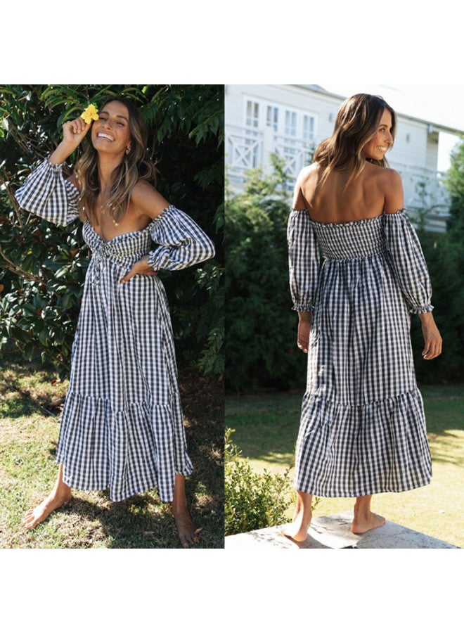 Exclusive Fashion Print Off-shoulder Front Tie Women's Long Dress Plaid Flared Dress - Image 3