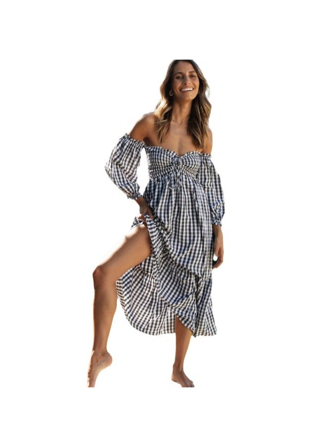 Exclusive Fashion Print Off-shoulder Front Tie Women's Long Dress Plaid Flared Dress - Image 5