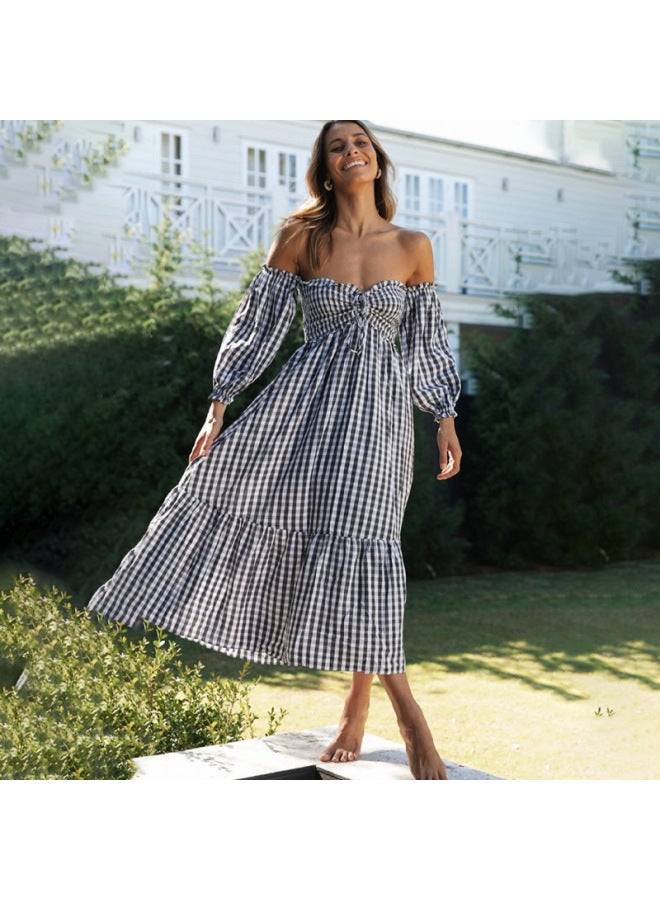 Exclusive Fashion Print Off-shoulder Front Tie Women's Long Dress Plaid Flared Dress - Image 2