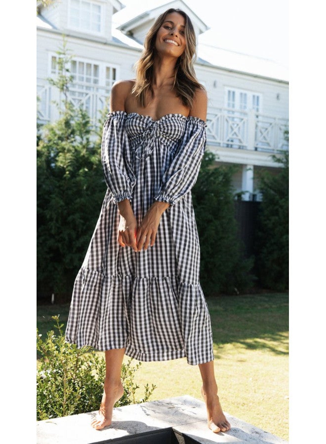 Exclusive Fashion Print Off-shoulder Front Tie Women's Long Dress Plaid Flared Dress - Image 1