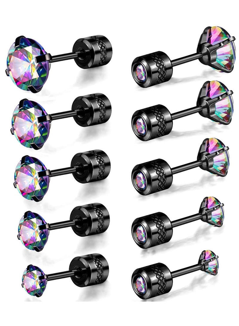 KASTWAVE Titanium Screw Back Pack of Earrings Cubic Zirconia Studs for Women Men 20G Helix Piercing Post Surgical Stainless Steel Hypoallergenic for Sensitive Ears Simulated Diamond, Crystal (Rainbow-Black) - Image 1