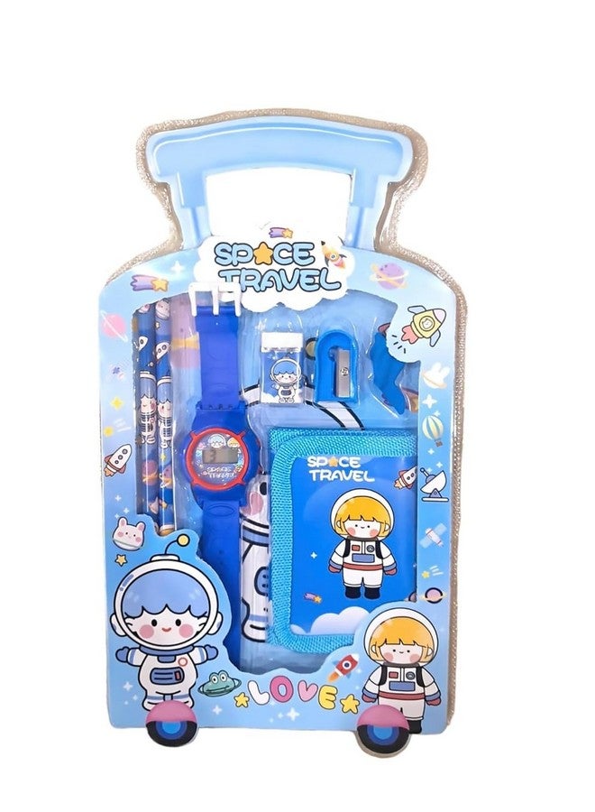 SAMVARDHAN 7 in 1 Stationery Gift Set for Children | Stationery Supplies Bundle with Digital Watch, Sharpener, Eraser, 2 Pencils, Wallet Pouch Return Gift for Kids (GIFTSET-9005-PACK1-SUMMER-BLUE) - Image 4