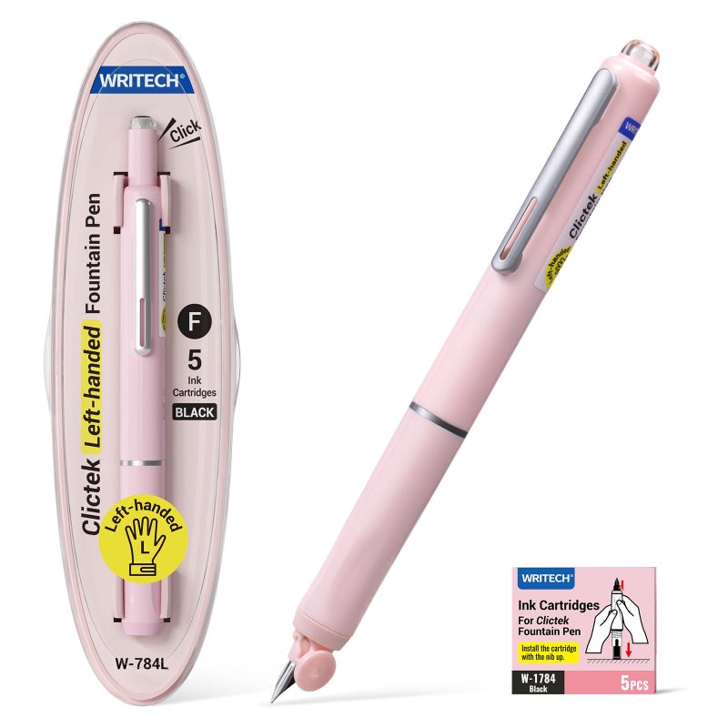 WRITECH Left Handed Fountain Pen: Fine Nib Retractable Style Black Ink Set Includes 5 Ink Cartridges Smooth Writing for Calligraphy Journaling Office Gift - Image 1