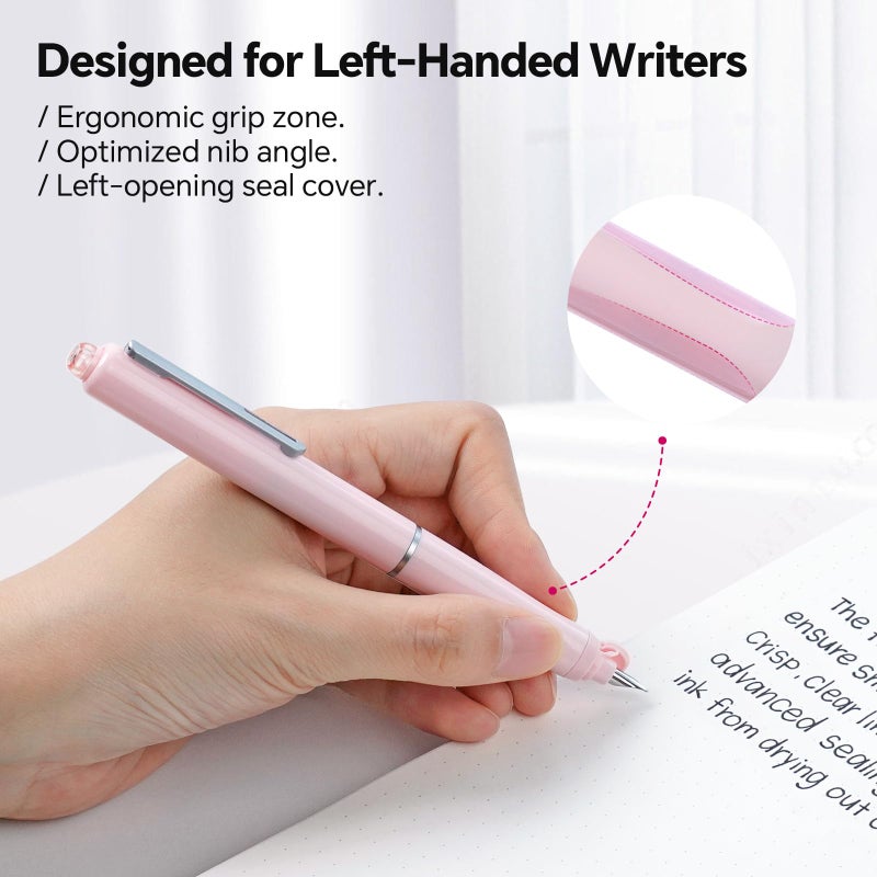 WRITECH Left Handed Fountain Pen: Fine Nib Retractable Style Black Ink Set Includes 5 Ink Cartridges Smooth Writing for Calligraphy Journaling Office Gift - Image 2