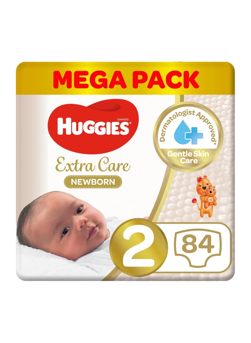 Huggies Extra Care Newborn Tape Stye Diapers, 84 Pieces Mega Pack, Size 2, 4 to 6kg - 12h Protection, Dermatologist Approved, Breathable