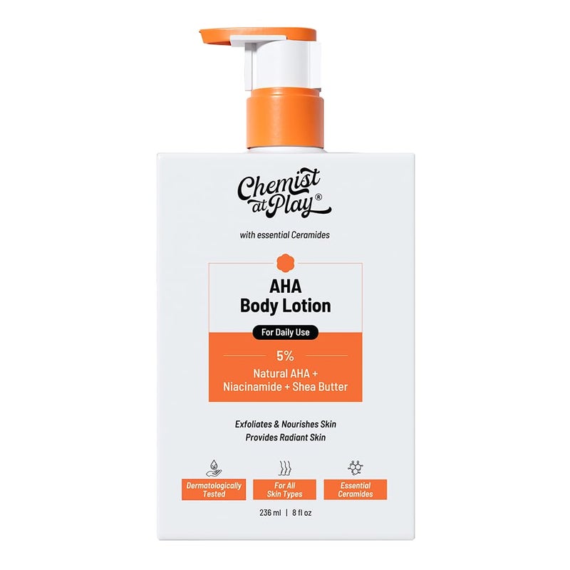 Chemist at Play AHA Body Lotion with 5% Natural AHA, Niacinamide, Shea Butter | For Exfoliating Dry & Dead Skin Cells, Deep Nourishment & Radiant Skin | Skin Brightening Lotion | 236ml - Image 2