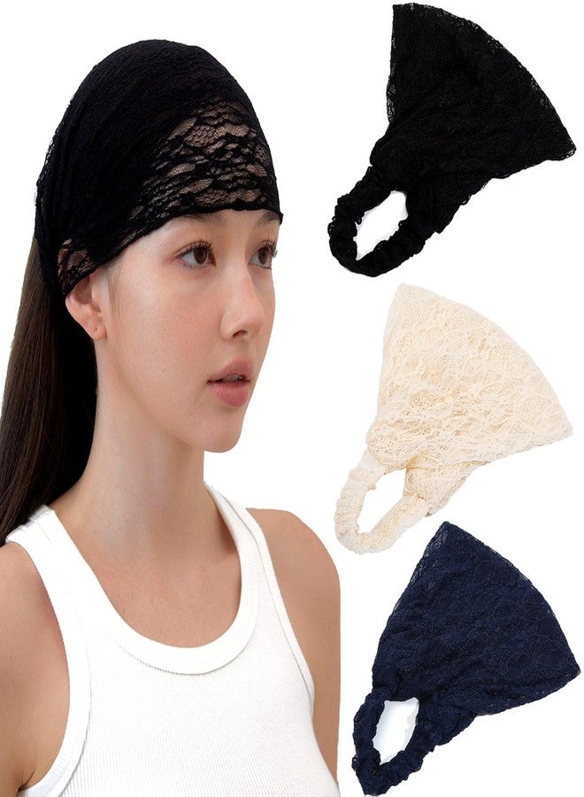LONEEDY 3 Pack Soft Lace Wide Headbands for Women,2 Ways Bandana Hairband for Girls Daily Hair Accessories (Black+Beige+Blue, One Size) - Image 1