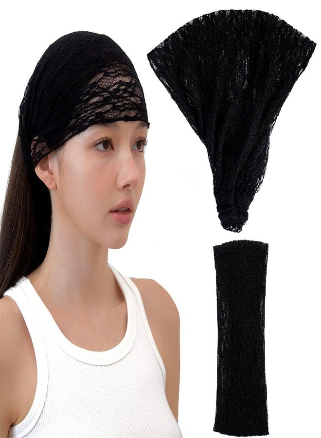 LONEEDY 3 Pack Soft Lace Wide Headbands for Women,2 Ways Bandana Hairband for Girls Daily Hair Accessories (Black+Beige+Blue, One Size) - Image 2