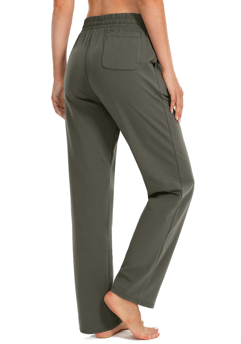 SANTINY Women's Cotton Sweatpants Yoga Lounge Casual Pants Open Bottom Sweat Pants for Women with Pockets (Olive_L) - Image 3