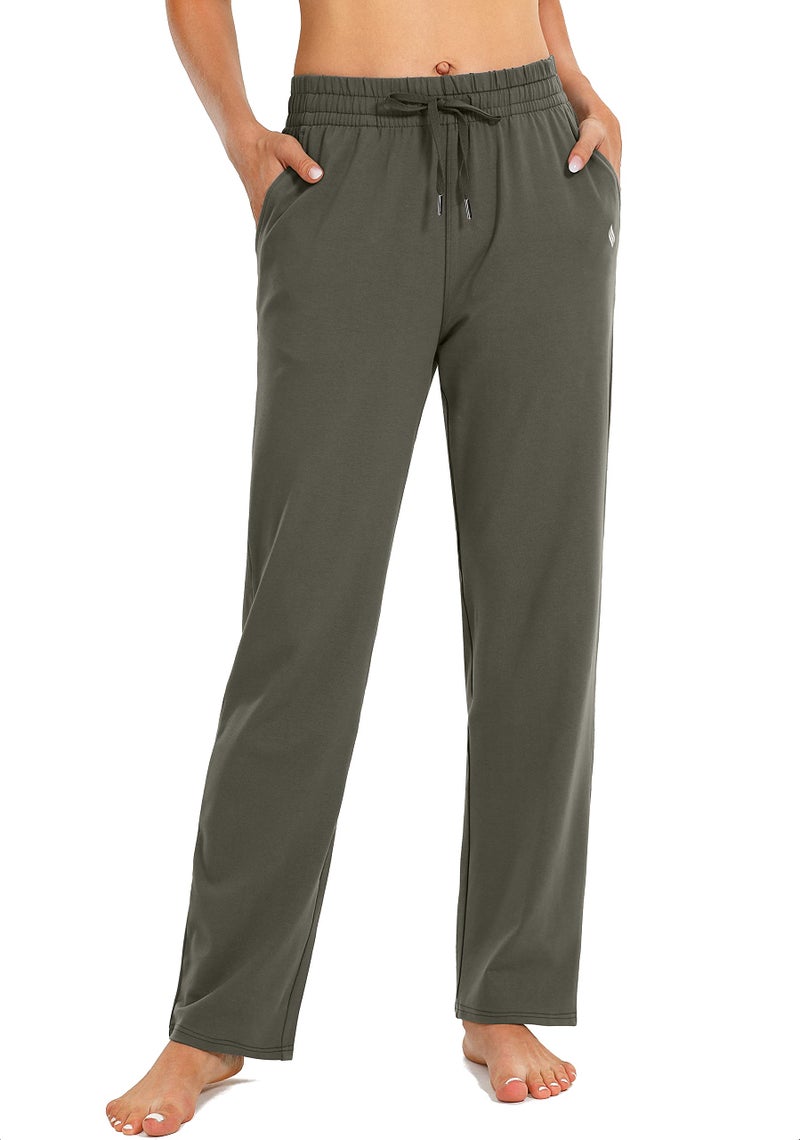 SANTINY Women's Cotton Sweatpants Yoga Lounge Casual Pants Open Bottom Sweat Pants for Women with Pockets (Olive_L) - Image 2