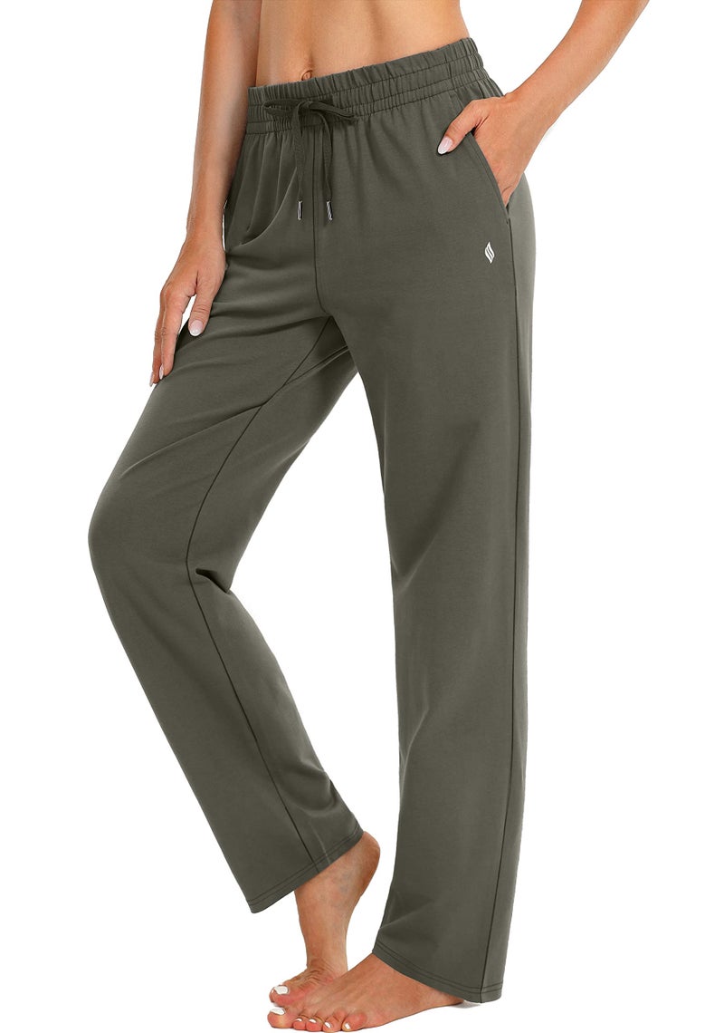 SANTINY Women's Cotton Sweatpants Yoga Lounge Casual Pants Open Bottom Sweat Pants for Women with Pockets (Olive_L) - Image 1