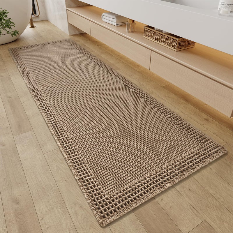 RESARE Waffle Bathroom Runner Rugs Super Absorbent Bath Mat Non Slip Washable Quick Dry Upgraded Ultra Soft Boho Bath Rugs with Tassels for Hallway Bedroom Laundry Room 2x624x72 Brown