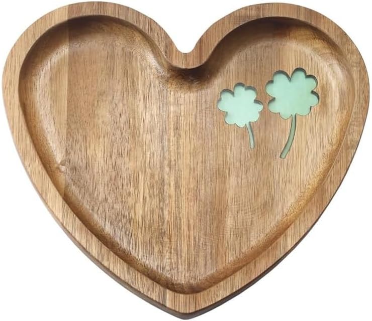HSHQING Romantic Heart Shaped Platter Tray95Inch Large Handmade Epoxy Wooden Serving Plate with Luck  Love Clover Symbol DesignPerfect for Any Occasion as a Gift - Image 1