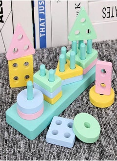 Montessori Wooden Rectangle Shape Sorting Stacking Blocks 4 Column - Preschool Educational Toy For Color And Shape Recognition, Developing Intelligence In Various Styles And Colours  - Image 1