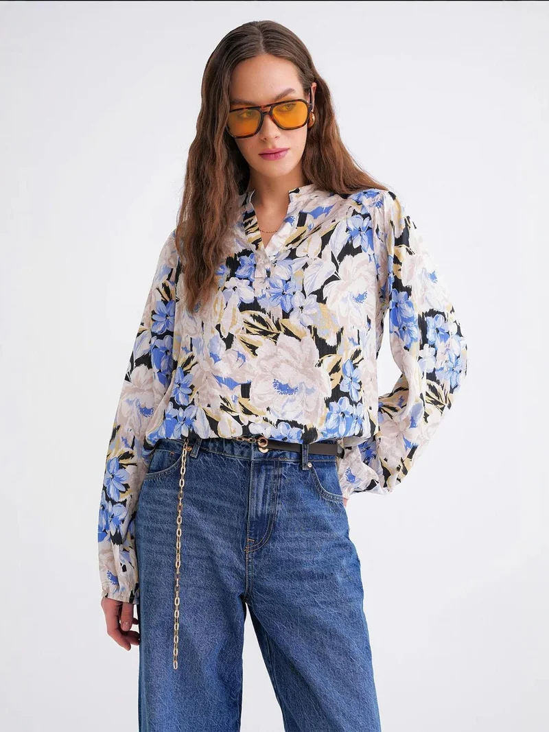 Mixray Maya Blue Floral Print Long Sleeve Mandarin Collar Blouse for Women | Best Price UAE