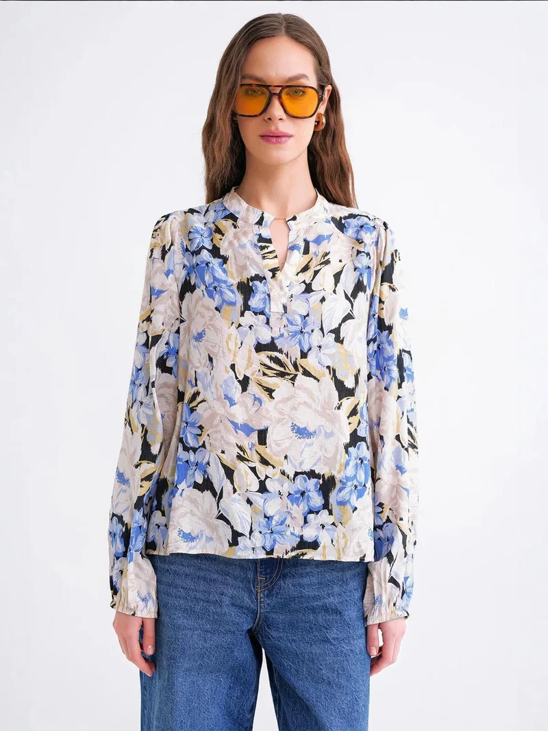 Mixray Maya Blue Floral Print Long Sleeve Mandarin Collar Blouse for Women | Best Price UAE