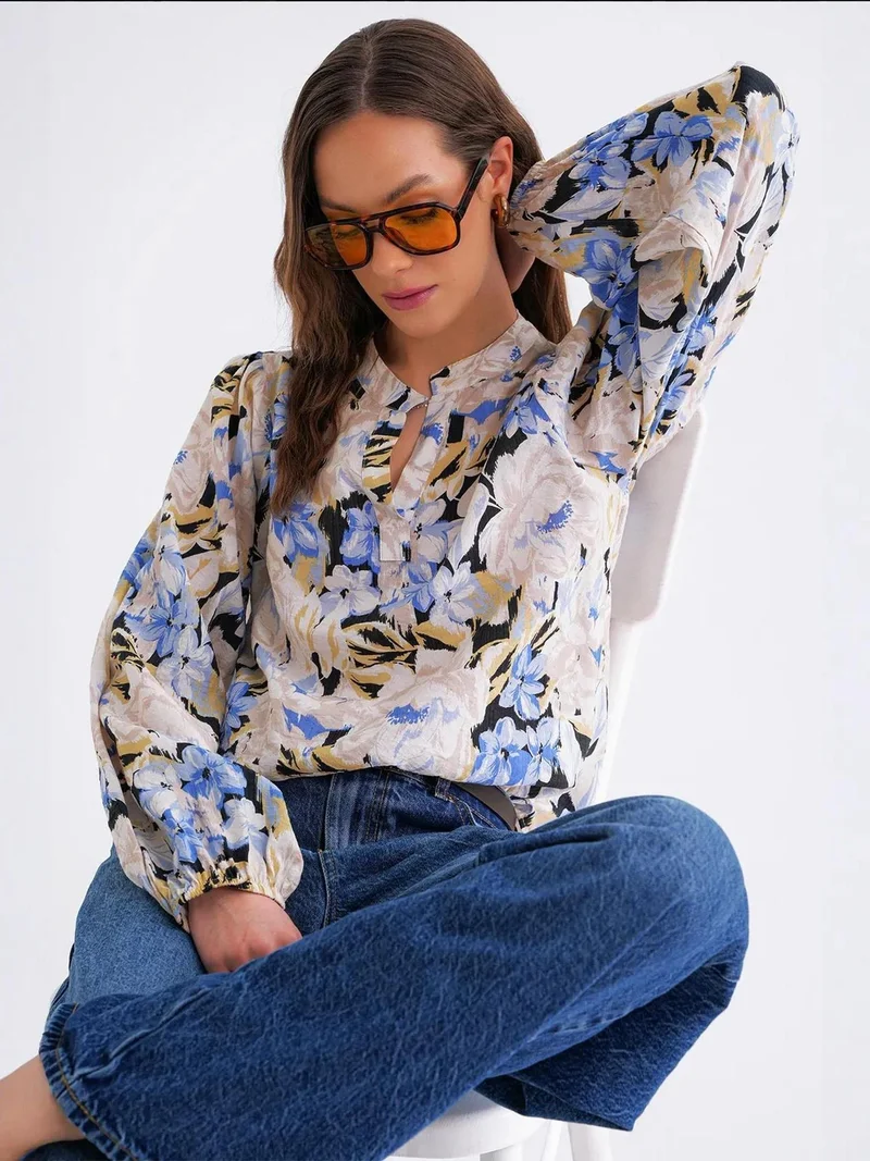 Mixray Maya Blue Floral Print Long Sleeve Mandarin Collar Blouse for Women | Best Price UAE