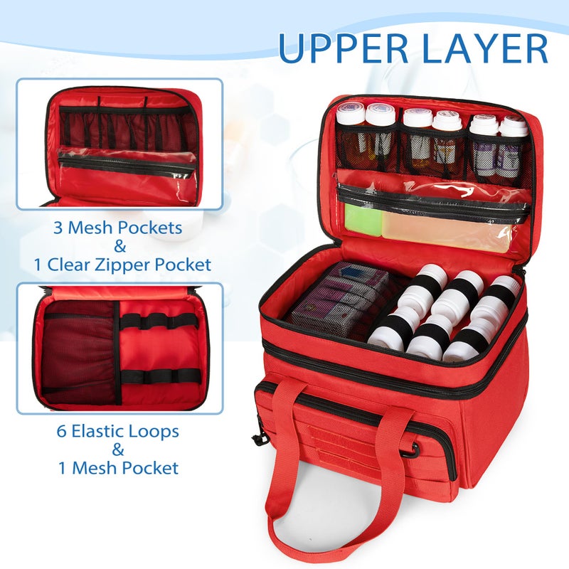 CURMIO Tactical Pill Bottle Organizer Case, Double Layers Medicine Storage Bag for Medication Bottles, Vitamins, Medical Supplies, Red (Bag Only) - Image 2