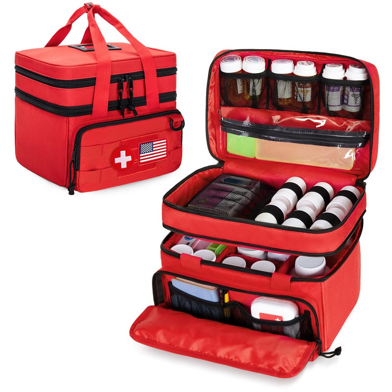 CURMIO Tactical Pill Bottle Organizer Case, Double Layers Medicine Storage Bag for Medication Bottles, Vitamins, Medical Supplies, Red (Bag Only) - Image 1